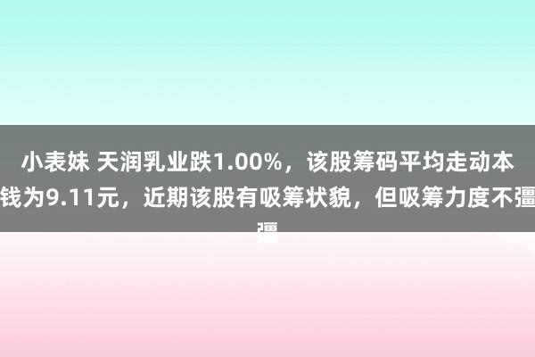 小表妹 天润乳业跌1.00%，该股筹码平均走动本钱为9.11元，近期该股有吸筹状貌，但吸筹力度不彊